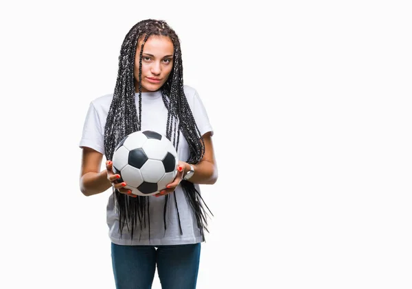 Joven Trenzado Pelo Afroamericano Chica Sosteniendo Pelota Fútbol Sobre Fondo —  Fotos de Stock