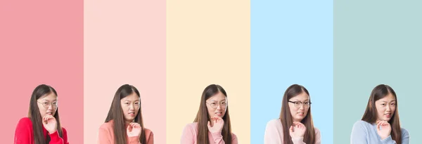 Collage Von Schönen Asiatischen Frau Über Bunte Streifen Isoliert Hintergrund — Stockfoto