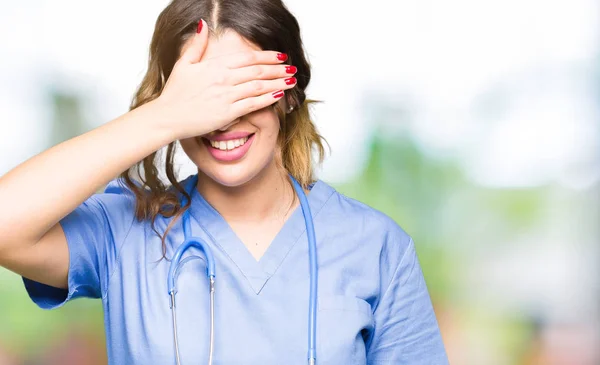 Young Adult Doctor Woman Wearing Medical Uniform Smiling Laughing Hand — Stock Photo, Image