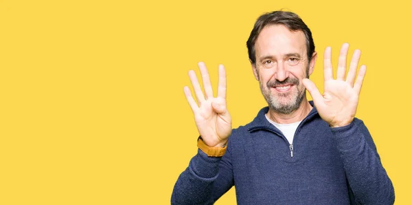 Middle Age Handsome Man Wearing Sweater Showing Pointing Fingers Number — Stock Photo, Image