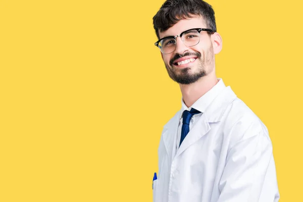 Young Professional Scientist Man Wearing White Coat Isolated Background Inviting — Stock Photo, Image