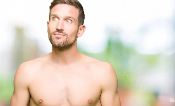 Handsome Shirtless Man Showing Nude Chest Smiling Looking Side Staring — Stock Photo, Image
