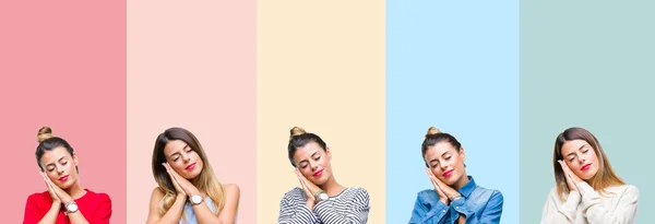 Collage Young Beautiful Woman Colorful Vintage Stripes Isolated Background Sleeping — Stock Photo, Image