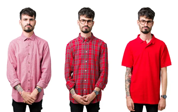 Collage Ung Man Som Bär Glasögon Över Isolerad Bakgrund Deprimerad — Stockfoto