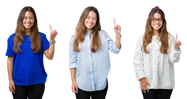 Коллаж Красивой Молодой Женщины Изолированном Фоне Показывая Показывая Пальцем Номер — стоковое фото
