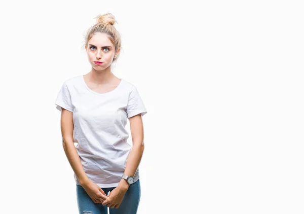 Young Beautiful Blonde Woman Wearing White Shirt Isolated Background Making — Stock Photo, Image