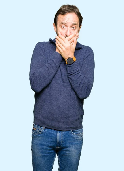 Middle Age Handsome Man Wearing Sweater Shocked Covering Mouth Hands — Stock Photo, Image