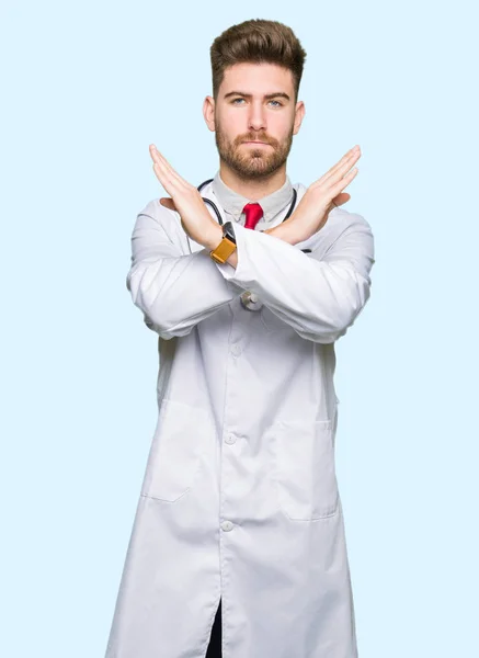 Young Handsome Doctor Man Wearing Medical Coat Rejection Expression Crossing — Stock Photo, Image