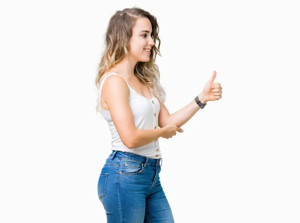 Beautiful Young Blonde Woman Isolated Background Looking Proud Smiling Doing — Stock Photo, Image