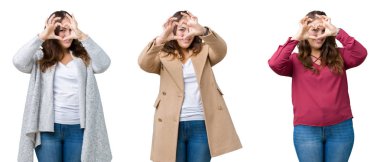 Artı boyutu kadın izole arka plan yaparken kalp şekli ile el ve parmak işareti seyir gülümseyen güzel kolaj