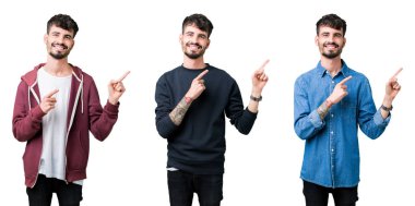 Gülümseyen ve iki elleri ve parmakları ile tarafına işaret kamera bakarak izole arka plan üzerinde genç adam kolaj.