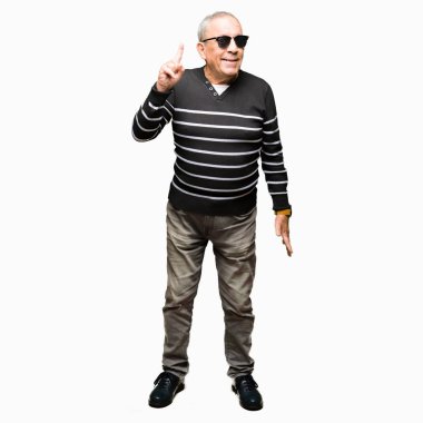 Yakışıklı kıdemli dostum giyen kış kazak ve güneş gözlüğü ile başarılı fikir parmak işaret. Çıktıktan ve mutlu. Bir numara.