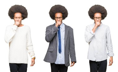 Kolaj üzerinde beyaz afro saçlı Genç adam bir soğuk veya bronşit için arka plan duygu hasta ve semptom olarak öksürük izole. Sağlık kavramı.