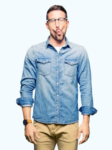 Handsome Man Wearing Glasses Making Fish Face Lips Crazy Comical — Stock Photo, Image