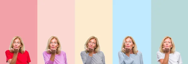 Collage Van Middelbare Leeftijd Senior Mooie Vrouw Kleurrijke Strepen Geïsoleerde — Stockfoto