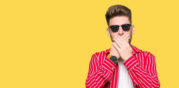 Young Handsome Man Wearing Sunglasses Shocked Covering Mouth Hands Mistake — Stock Photo, Image