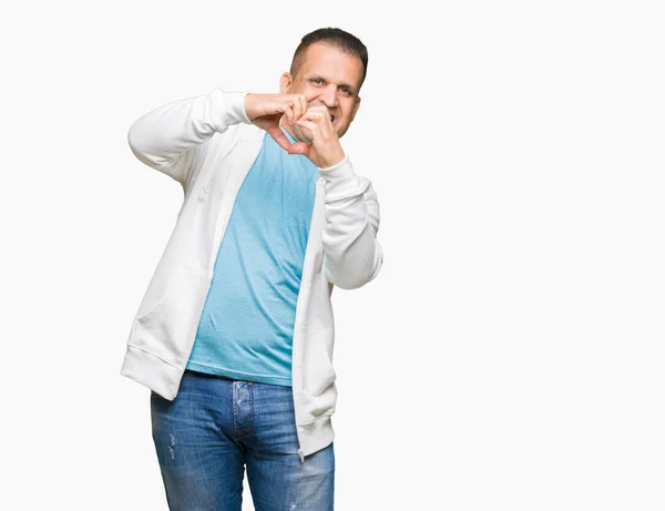 Hombre Árabe Mediana Edad Vistiendo Sudadera Sobre Fondo Aislado Sonriendo — Foto de Stock