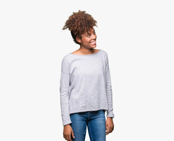 Mooie Jonge Afro Amerikaanse Vrouw Geïsoleerde Achtergrond Zoek Weg Aan — Stockfoto