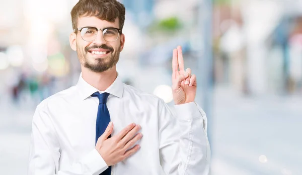 Young Handsome Business Man Wearing Glasses Isolated Background Swearing Hand — Stock Photo, Image