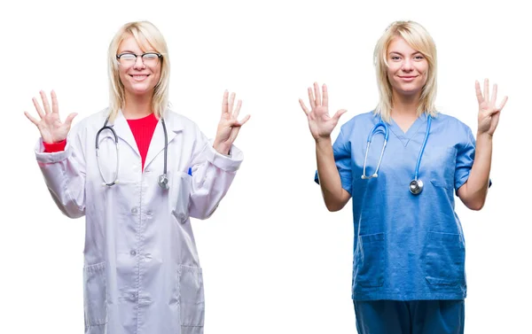自信を持って幸せに微笑みながら 9番の指で見せ 指を上げる白い孤立した背景の上に医師と看護師の女性のコラージュ — ストック写真