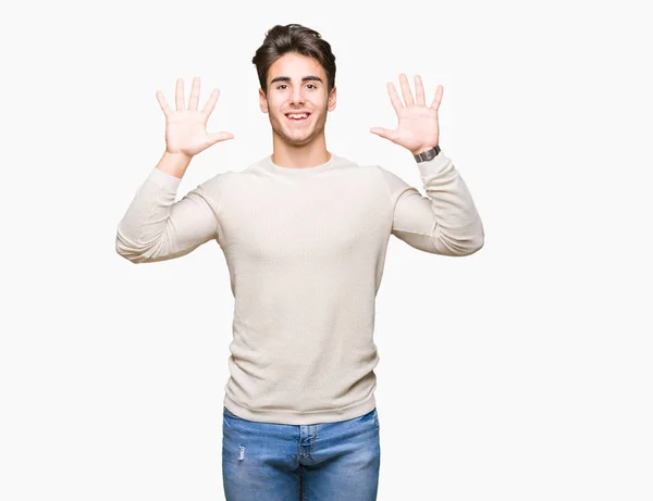 Mladý Pohledný Muž Izolované Pozadí Zobrazení Směřující Nahoru Prsty Desítka — Stock fotografie