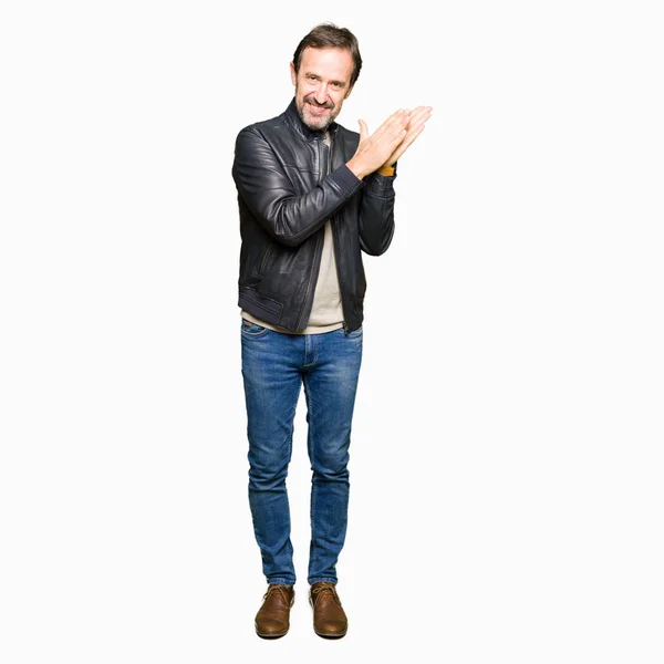 Middle Age Handsome Man Wearing Black Leather Jacket Clapping Applauding — Stock Photo, Image