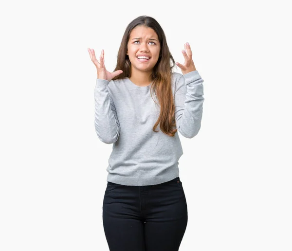 Mujer Morena Hermosa Joven Con Suéter Sobre Fondo Aislado Celebrando —  Fotos de Stock