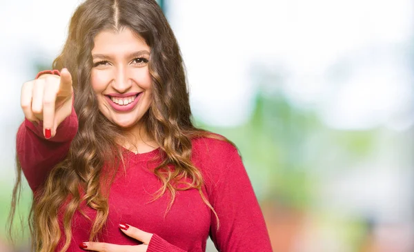 Young Beautiful Woman Wearing Red Sweater Laughing You Pointing Camera — Stock Photo, Image