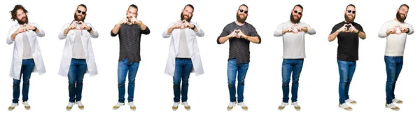 Collage of young man with bun over white isolated background smiling in love showing heart symbol and shape with hands. Romantic concept.