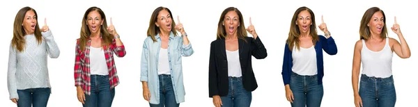 Collage Hermosa Mujer Mediana Edad Sobre Fondo Blanco Aislado Señalando — Foto de Stock