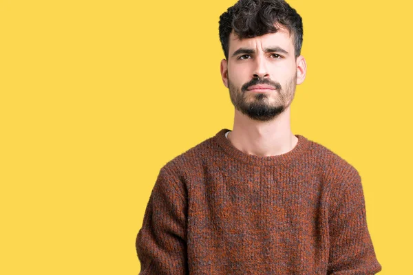 Jovem Homem Bonito Vestindo Camisola Inverno Sobre Fundo Isolado Deprimido — Fotografia de Stock