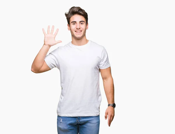 Homem Bonito Jovem Vestindo Shirt Branca Sobre Fundo Isolado Mostrando — Fotografia de Stock