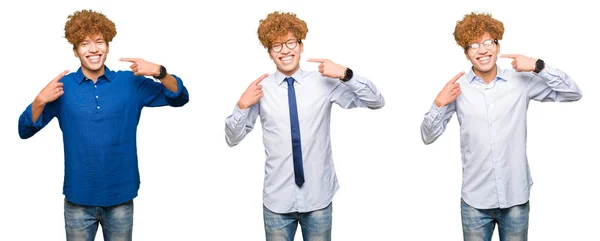 Koláž Mladých Bussinů Mužů Kudrnatými Vlasy Izolovaném Bílém Pozadí Usmívající — Stock fotografie