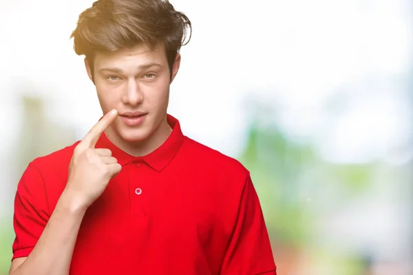 Ung Vacker Man Klädd Röd Shirt Över Isolerade Bakgrund Pekar — Stockfoto