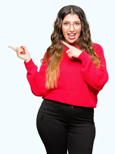 Young Beautiful Woman Wearing Red Glasses Smiling Looking Camera Pointing — Stock Photo, Image