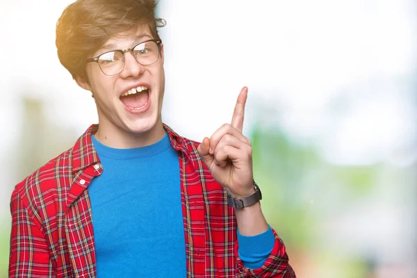 Jonge Knappe Student Man Met Bril Geïsoleerde Achtergrond Wijzende Vinger — Stockfoto