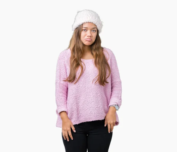 Joven Hermosa Morena Con Suéter Sombrero Invierno Sobre Fondo Aislado — Foto de Stock