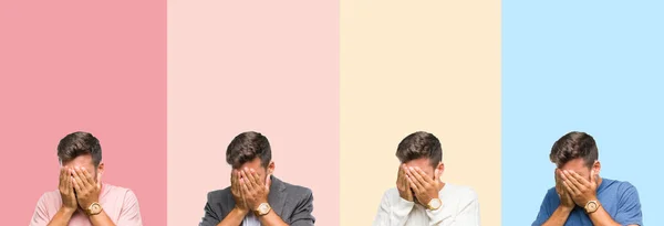Collage Stilig Ung Man Över Färgglada Ränder Isolerad Bakgrund Med — Stockfoto