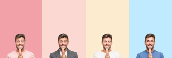 Collage Bel Giovane Strisce Colorate Sfondo Isolato Pregando Con Mani — Foto Stock