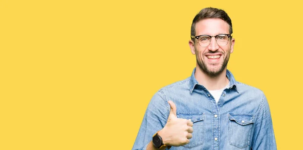 Handsome Man Wearing Glasses Doing Happy Thumbs Gesture Hand Approving — Stock Photo, Image