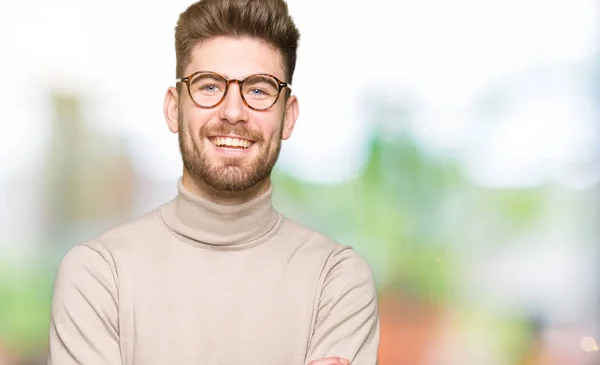 Jonge Knappe Zakenman Dragen Van Bril Blij Gezicht Lachend Met — Stockfoto