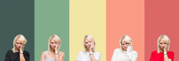 Collage Van Mooie Blonde Vrouw Vintage Geïsoleerde Achtergrond Denken Moe — Stockfoto