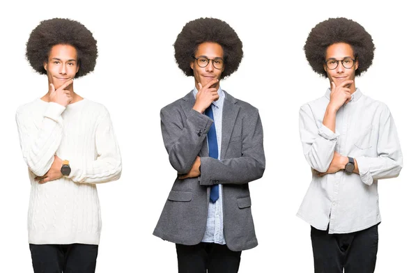 Collage Giovane Uomo Con Capelli Afro Sfondo Bianco Isolato Guardando — Foto Stock