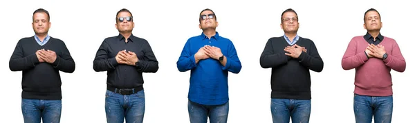 Sammansättning Medelålders Arabisk Man Över Isolerad Bakgrund Leende Med Händerna — Stockfoto