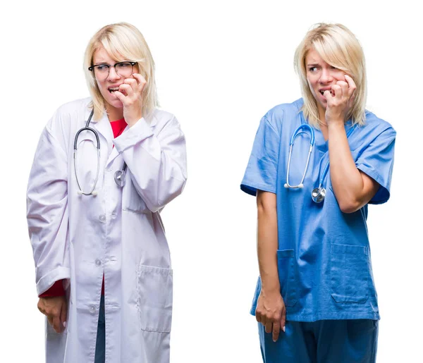 Colagem Médico Enfermeira Mulher Sobre Fundo Isolado Branco Olhando Estressado — Fotografia de Stock