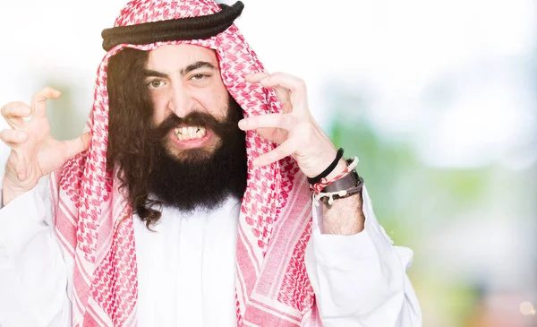 Muž Arabským Byznysem Dlouhými Vlasy Tradičním Keffijá Křičící Zuřivostí Vztekem — Stock fotografie