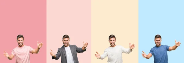 Collage Bel Giovane Strisce Colorate Sfondo Isolato Guardando Fotocamera Sorridente — Foto Stock