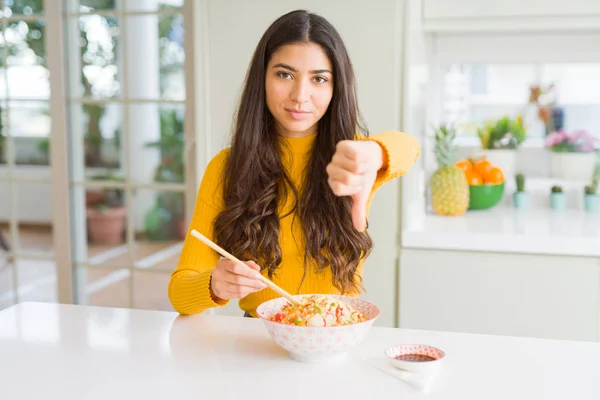 Young Woman Eating Bowl Asian Rice Using Chopsticks Angry Face — Stock Photo, Image