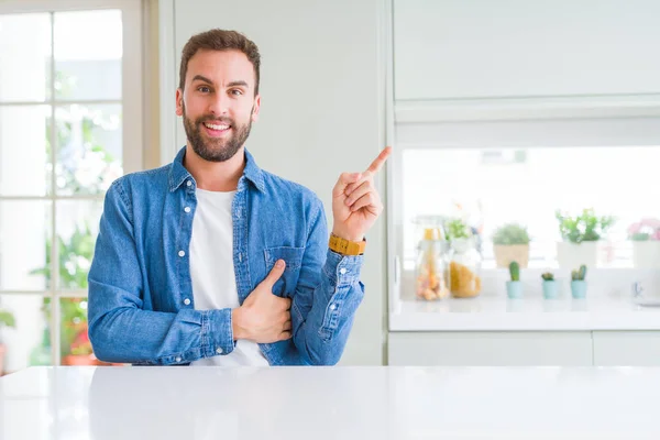 Handsome Man Home Big Smile Face Pointing Hand Finger Side — Stock Photo, Image