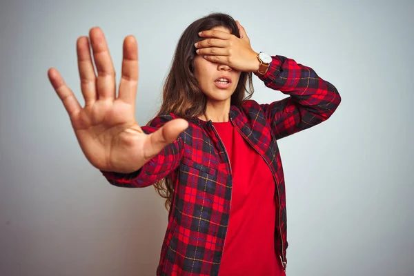 Young Beautiful Woman Wearing Red Shirt Jacket Standing White Isolated — Stock Photo, Image